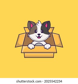 Cute cat Playing In Box. Animal cartoon concept isolated. Can used for t-shirt, greeting card, invitation card or mascot.