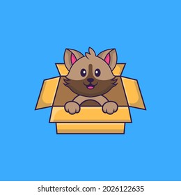 Cute cat Playing In Box. Animal cartoon concept isolated. Can used for t-shirt, greeting card, invitation card or mascot.
