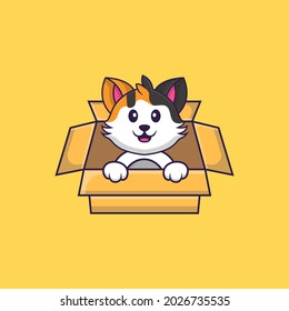 Cute cat Playing In Box. Animal cartoon concept isolated. Can used for t-shirt, greeting card, invitation card or mascot.