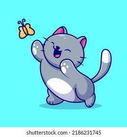 Cute Cat Playing With Butterfly Cartoon Vector Icon Illustration. Animal Nature Icon Concept Isolated Premium Vector. Flat Cartoon Style