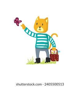 Cute cat mit Schmetterling und Blumen, Vektorgrafik für Gewebe, Textilien und Druck