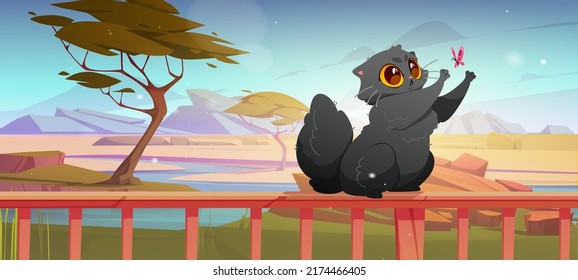 Cute Cat Playing With Butterfly At Home Terrace Sitting On Railings At Beautiful View Of Savanna Landscape With Trees, River And Plain. Cartoon Kitten Catching Flying Insect, Vector Illustration