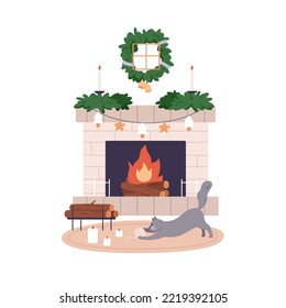 Cute cat playing by Christmas fireplace at home. Funny kitty with yarn by fireside in cozy living room at Xmas. Playful kitten at New year eve. Flat vector illustration isolated on white background