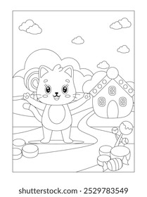 Cute Cat Playing in Candy Land Near a Charming Candy House