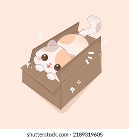 A cute cat playing in a cardboard box, premium vector