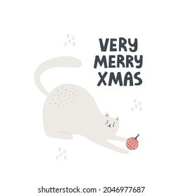 Cute cat playing with christmas ball. Hand drawn vector illustration. Greeting card template.