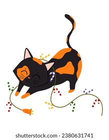 Cute cat playing with Christmas lights on white background 