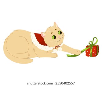 Cute cat playing with Christmas present. Merry Christmas and Happy New Year. Vector flat cartoon illustration for stickers and prints on white background