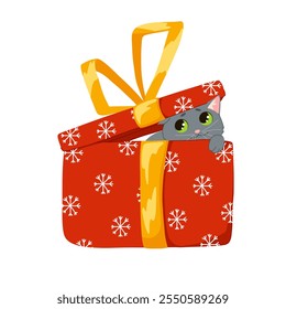 Cute cat playing with Christmas present. Merry Christmas and Happy New Year. Vector flat cartoon illustration for stickers and prints on white background