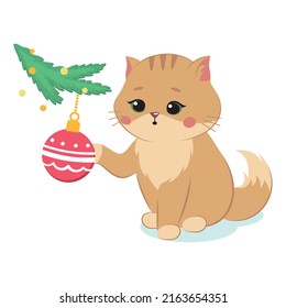 Cute cat playing with Christmas toy. Fluffy kitten cartoon. Vector illustration.