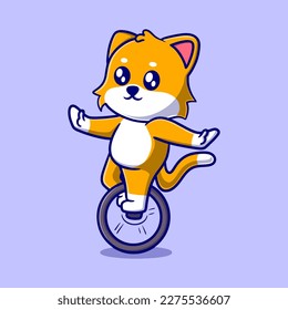 Cute cat playing circus cartoon icon illustration. funny character for stickers and business