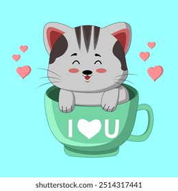  Cute cat playing in coffe green mug with word i love you sticker, illustrations, animal character, cartoon, mascot, greeting card, valentine