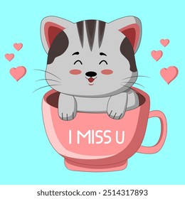 Cute cat playing in coffe pink mug with word i miss you sticker, illustrations, animal character, cartoon, mascot, greeting card, valentine