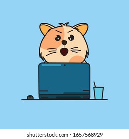 cute cat playing computer flat illustration
