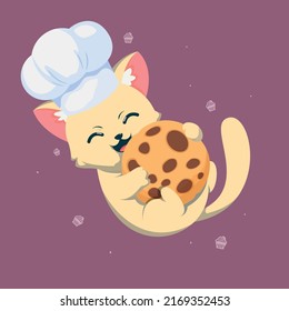 Cute cat playing with cookie cartoon vector icon illustration. Animal Mascot concept illustration. Flat cartoon style