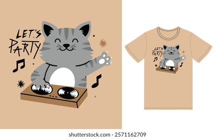 Cute Cat Playing Dj Electronic Music illustration with tshirt design premium vector the Concept of Isolated Technology. Flat Cartoon Style Suitable for Landing Web Pages,T shirt, Flyers, Stickers