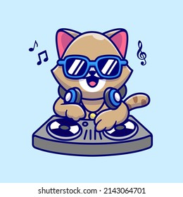 Cute Cat Playing Dj Music With Headphone Cartoon Vector Icon Illustration. Animal Music Icon Concept Isolated Premium Vector. Flat Cartoon Style