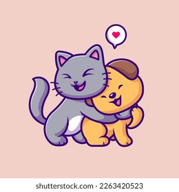 Cute Cat Playing With Dog Cartoon Vector Icon Illustration. Animal Nature Icon Concept Isolated Premium Vector. Flat Cartoon Style