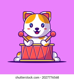 Cute Cat playing Drum Cartoon Vector Illustration. Animal Flat cartoon Style Concept