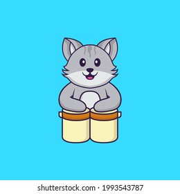 Cute cat is playing drums. Animal cartoon concept isolated. Can used for t-shirt, greeting card, invitation card or mascot.