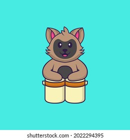 Cute cat is playing drums. Animal cartoon concept isolated. Can used for t-shirt, greeting card, invitation card or mascot.