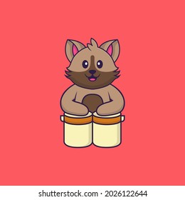Cute cat is playing drums. Animal cartoon concept isolated. Can used for t-shirt, greeting card, invitation card or mascot.