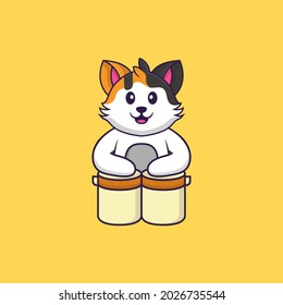 Cute cat is playing drums. Animal cartoon concept isolated. Can used for t-shirt, greeting card, invitation card or mascot.