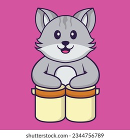 Cute cat is playing drums. Animal cartoon concept isolated. Can used for t-shirt, greeting card, invitation card or mascot