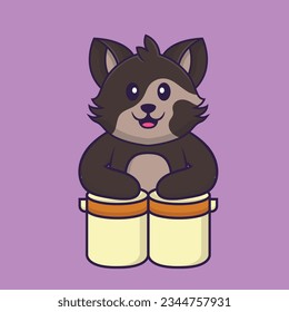 Cute cat is playing drums. Animal cartoon concept isolated. Can used for t-shirt, greeting card, invitation card or mascot. Flat Cartoon Style