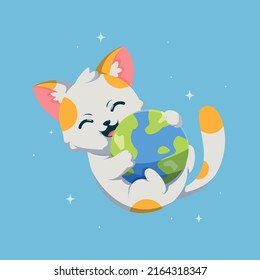 Cute cat playing with earth planet cartoon vector icon illustration. Animal Mascot concept illustration. Flat cartoon style