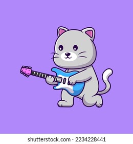Cute Cat Playing Electric Guitar Cartoon Vector Icons Illustration. Flat Cartoon Concept. Suitable for any creative project.
