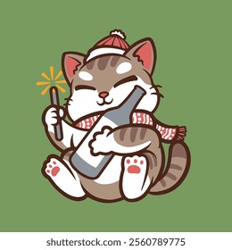 cute cat playing a firework and hugging a bottle in winter and new year cartoon vector icon illustration