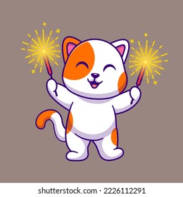 Cute Cat Playing Fireworks Cartoon Vector Icon Illustration. Animal Holiday Icon Concept Isolated Premium Vector. Flat Cartoon Style