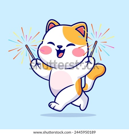 Cute Cat Playing Fireworks Cartoon Vector Icon Illustration. Animal Holiday Icon Concept Isolated Premium Vector. Flat Cartoon Style