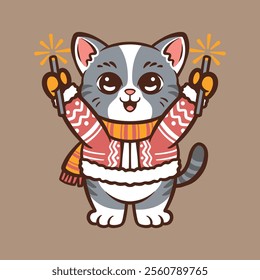 cute cat playing with a fireworks in winter and new year cartoon vector icon illustration isolated