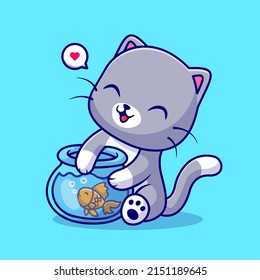 Cute Cat Playing With Fish In Aquarium Cartoon Vector Icon Illustration. Animal Nature Icon Concept Isolated Premium Vector. Flat Cartoon Style