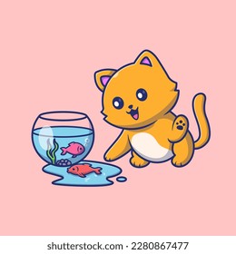Cute Cat Playing with Fish in Aquarium Cartoon Vector Icon Illustration. Animal Nature Icon Concept Isolated Premium Vector. Flat Cartoon Style