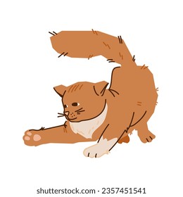 Cute cat playing, flat vector illustration isolated on white background. Funny playful ginger cat character.