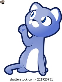 Cute cat playing with a fly, vector illustration. Standing focused kitten with one hand up to chase fly. 