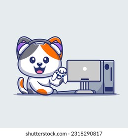 Cute Cat Playing Game on Computer With Controller And Headphone Cartoon Vector Icon Illustration. Animal Technology Icon Concept Isolated Premium Vector. Flat Cartoon Style