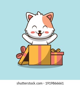 cute cat playing with a gift box illustration