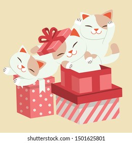 The cute cat playing with a giftbox. Illustration about birthday,valentines day , holiday for graphic,content , banner and greeting card.