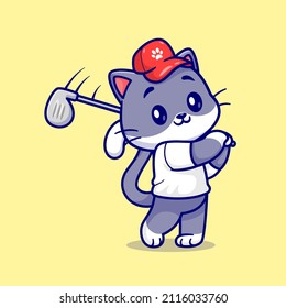 Cute Cat Playing Golf Cartoon Vector Icon Illustration. Animal Sport Icon Concept Isolated Premium Vector. Flat Cartoon Style