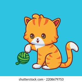 cute cat playing green ball yarn. isolated cartoon animal illustration. Flat Style Sticker Icon Design Premium Logo vector. Mascot Character