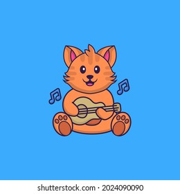 Cute cat playing guitar. Animal cartoon concept isolated. Can used for t-shirt, greeting card, invitation card or mascot.