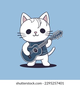 Cute cat playing guitar cartoon icon, vector icon illustration, cartoon sticker icon design