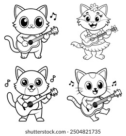 Lindo gato jugando a la guitarra de dibujos animados. Diseño de ilustración de Paquete de Vector de gato. Dibujo para colorear para niños