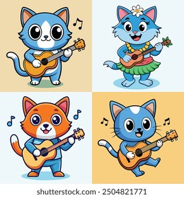 Cute cat playing guitar cartoon, cat vector bundle illustration design