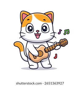 Cute Cat Playing Guitar Cartoon Vector Icon Illustration. Animal Music Nature Icon Concept Isolated Premium Vector. Flat Cartoon Style