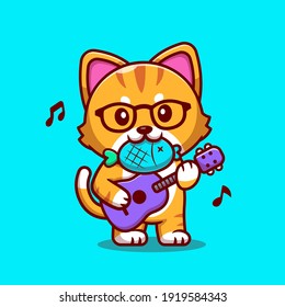 Cute Cat Playing Guitar With Fish Cartoon Vector Icon Illustration. Animal Music Icon Concept Isolated Premium Vector. Flat Cartoon Style